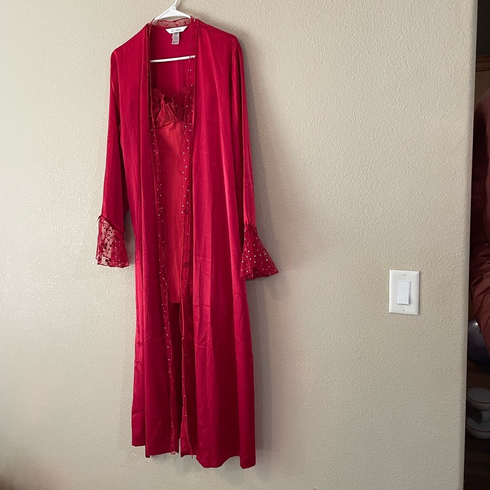Red Satin Robe with Lace Trim and Sparkle Details